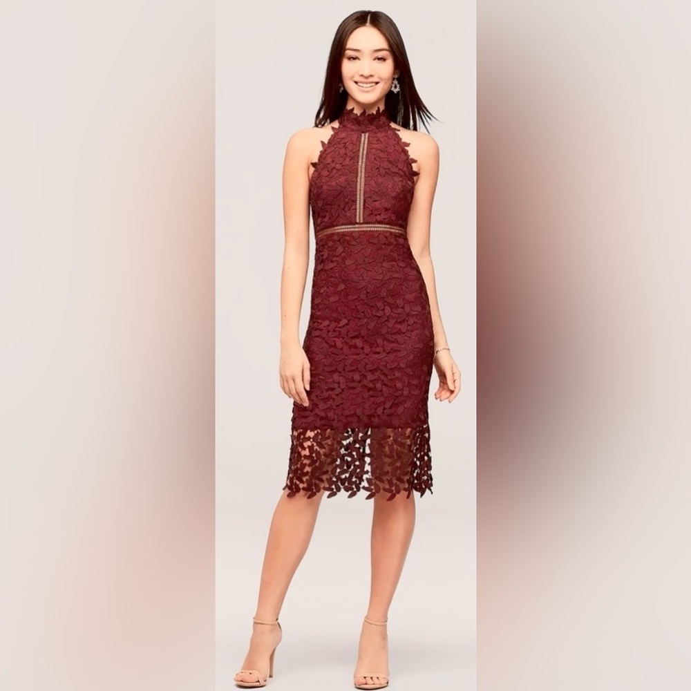 Bardot Gemma Halter Midi Dress Sheer Lace Crochet Leafs in Burgundy Size 4/XS
